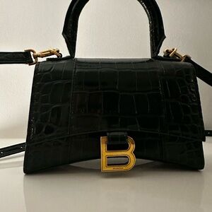Balenciaga Black Croc-Embossed Top Handle Satchel with Gold 'B' Logo